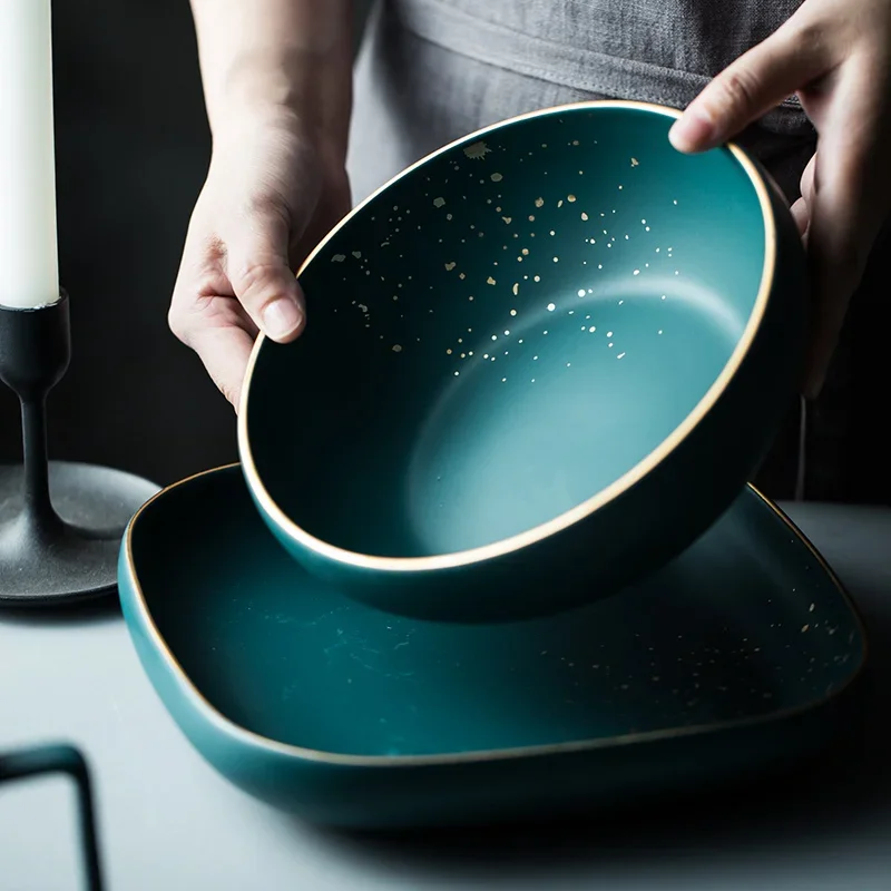 Ceramic Western plate and plate set Nordic dark green light luxury Phnom Penh steak rice soup bowl dish