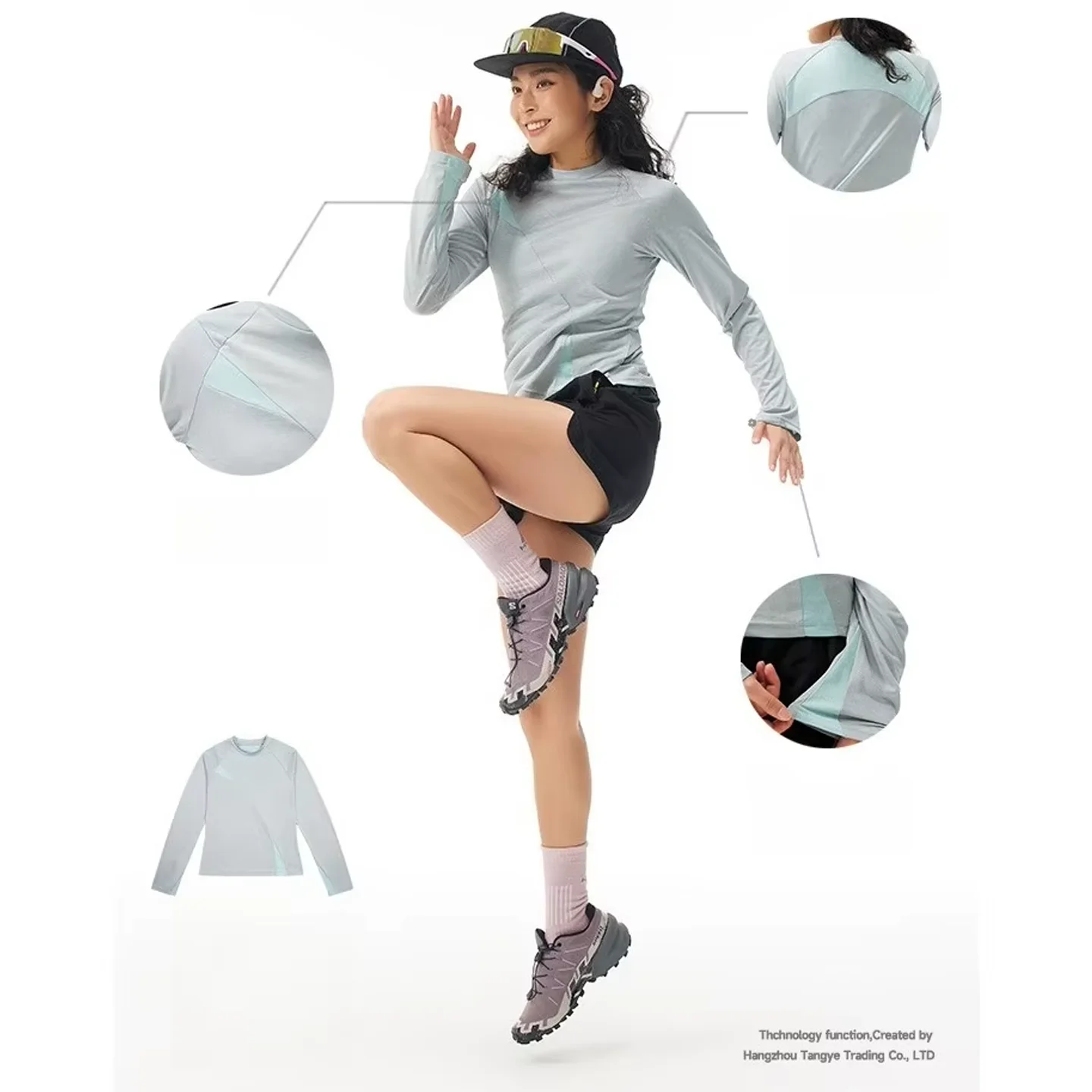 Langärmliges Damen-Workout-T-Shirt mit atmungsaktiven Mesh-Einsätzen, schmal geschnitten mit figurbetonter Taille für Sport und Fitness