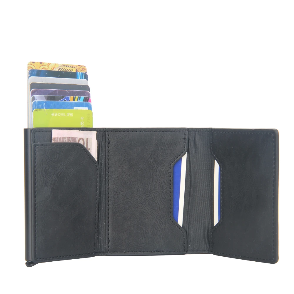 Vintage Crazy Horse Leather Men Wallets Luxury RFID Protection Mini Metal Wallet Zipper Coin Pocket for Men and Women