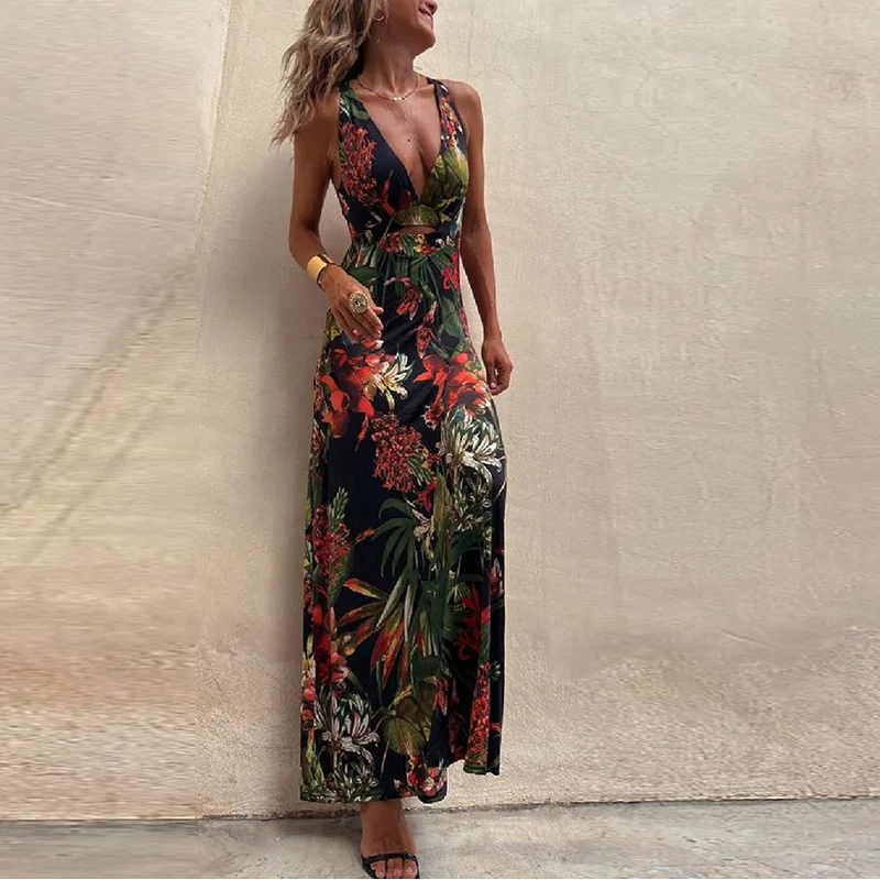 

Vocation Stitching Sleeveless Waist Maxi Dresses Lady Casual Open Back V-neck Long Dress Summer Print Pattern Women Party Dress