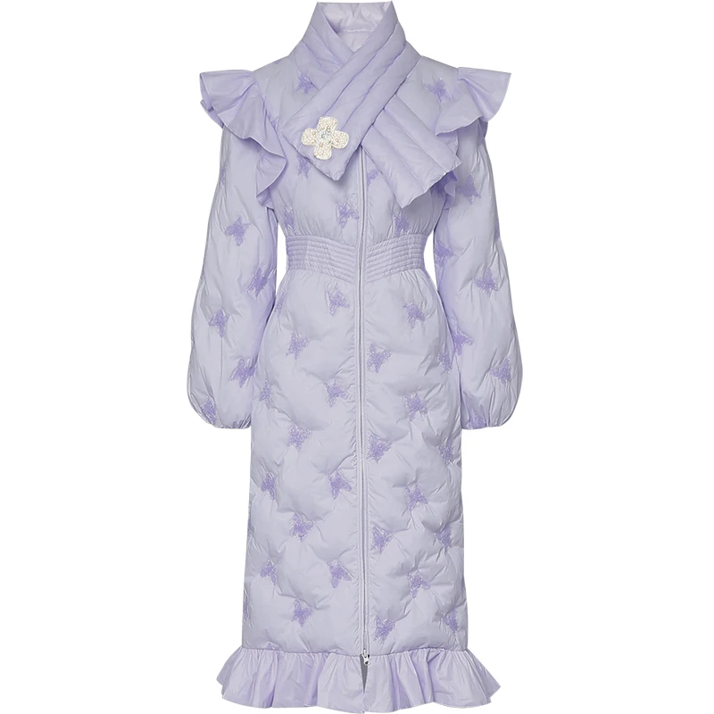 Women New Fashion Lantern Sleeve White Duck Down Jacket Retro Simple Embroidery Slim Waist Thick With Scarf