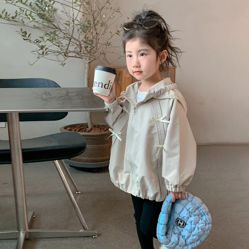 Girls Hooded Windbreaker Jacket 2026 Spring Autumn Cute Bow Zipper Lightweight Outerwear Casual Waterproof Coat For Kids 4-12Yrs - 4
