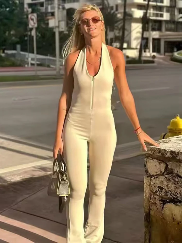 2025 New Fashion Halter Neck Flare Jumpsuit For Women Elegant Backless Sleeveless Slim Fit Romper Street Chic Bodysuits ﻿
