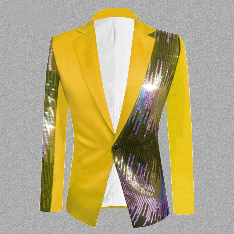 Fashion Men's Sequin Suit Jacket Blue Red Stage Party Dance Singer Nightclub Costume Top Slim Fit Performance Dress Blazer Coat