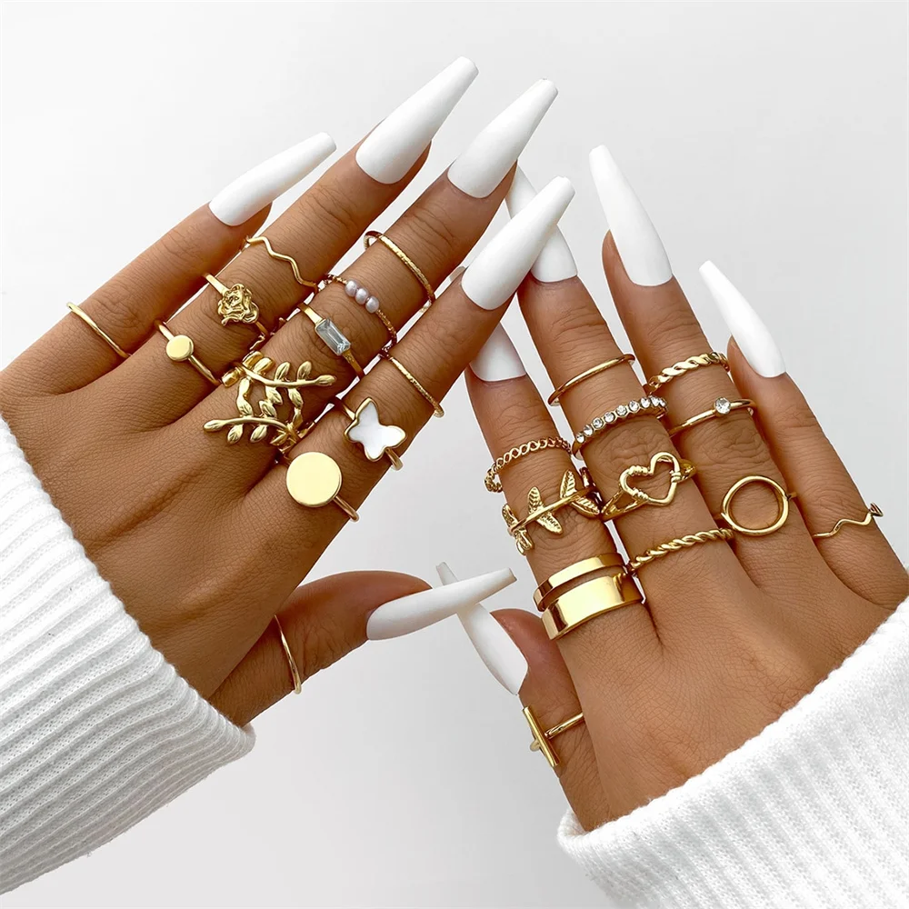 S5b57838e664a4c45a4804a547bb6661eg 17KM Metal Gold Color Rings Set Twist Hollow Rings for Women Pearl Vintage Butterfly Rings Geometric Trendy Jewelry Accessories