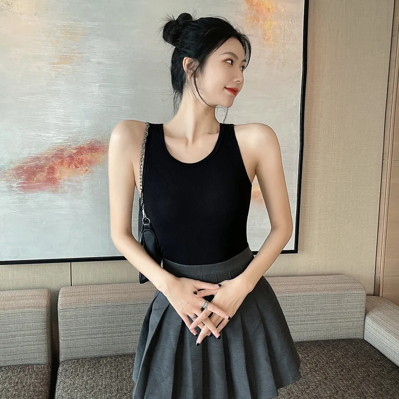 Cotton Undershirt Solid Color Camisole Women's Inner Round Neck Pullover Outer Bottom Tops Short Sports Sleeveless