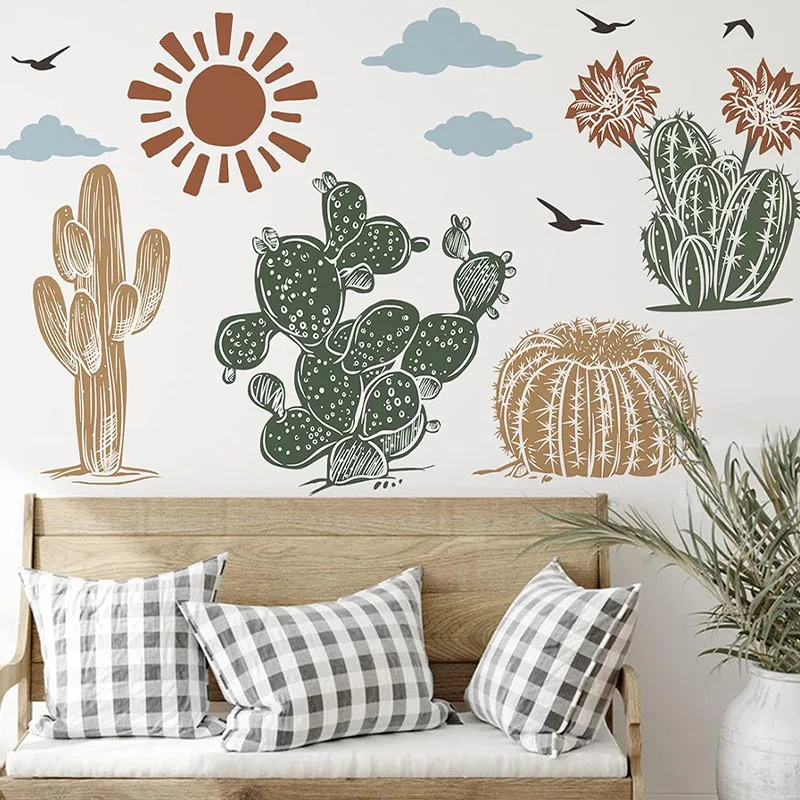 

Настенная Наклейка с изображением кактуса, солнца, птицы, фона телевизора, гостиной, спальни, комнаты, украшение для дома, настенное искусство, самоклеящаяся, водонепроницаемая