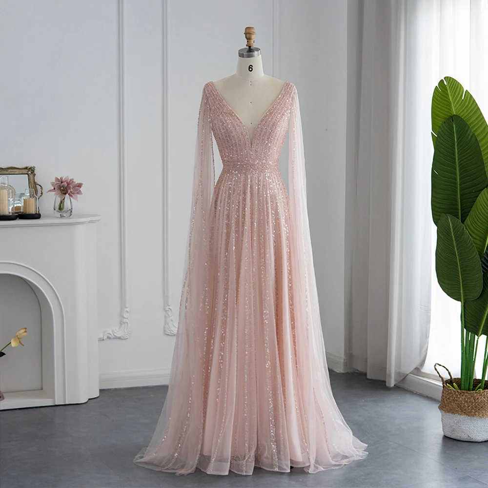 Sharon Said Luxury Nude Dubai Evening Dress with Cape Sleeves Blush Pink Arabic Formal Dresses for Women Wedding Party SS322