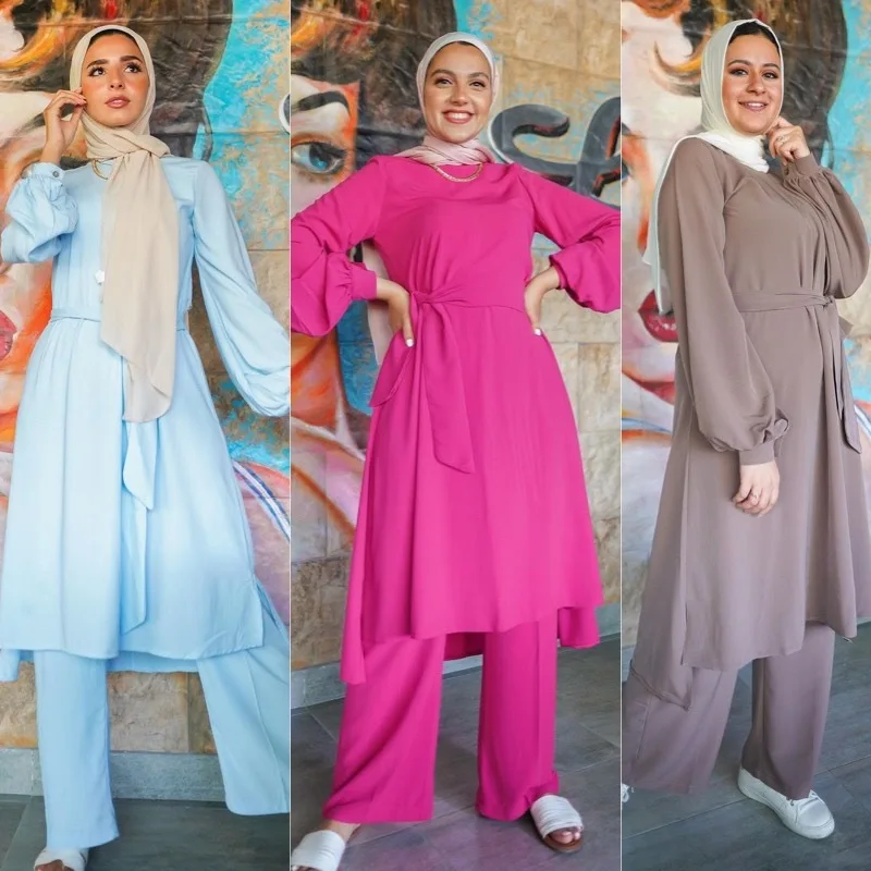 

Women Muslim Set Long Tops and Pants Abaya Dubai Turkey Outfit Ramadan Prayer 2 Piece Set Adult Eid Al-Adha Islamic Clothing