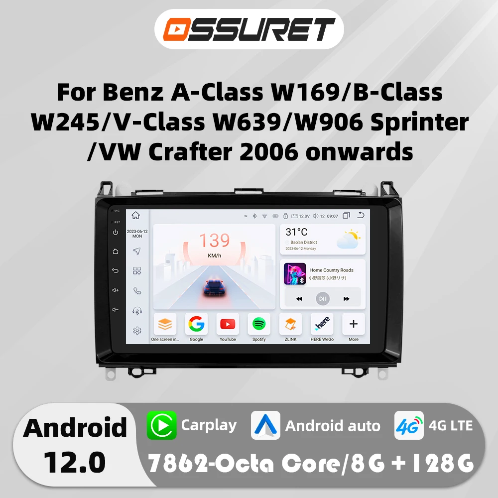 9 "Android 12 Auto Autoradio Stereo für Mercedes Benz W169 W245 W639 A B V Klasse W906 Sprinter Multimedia Video Player 4G Carplay