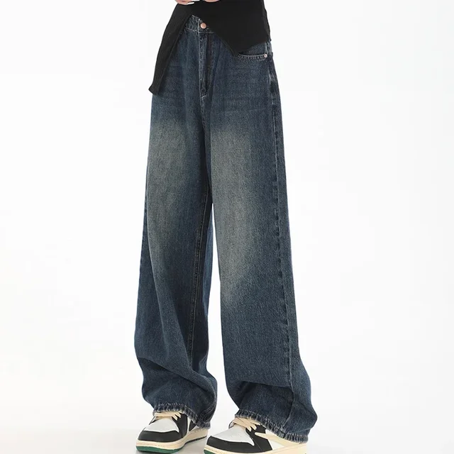 Femme taille haute coupe ajustée jambe large jean femme haute rue Y2k 2000s pantalons décontractés dame mode noir bleu pantalon en Denim ample 1