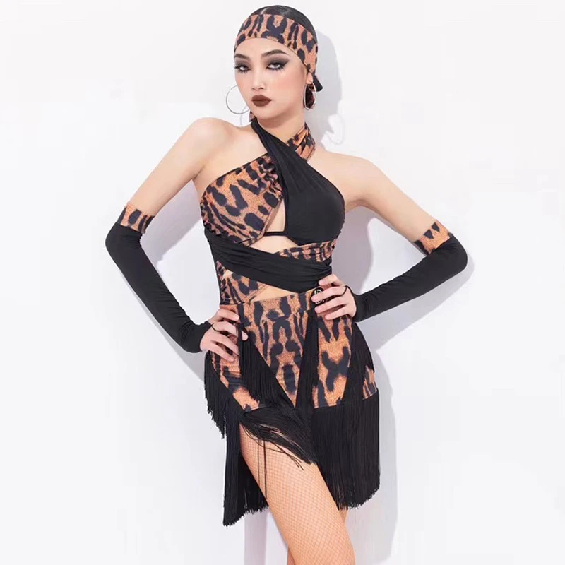 

2023 Women'S Leopard Print Neck Hanging Cross Design Tops Fringed Skirt Suit Chacha Rumba Latin Dance Performance Dress DQS12250