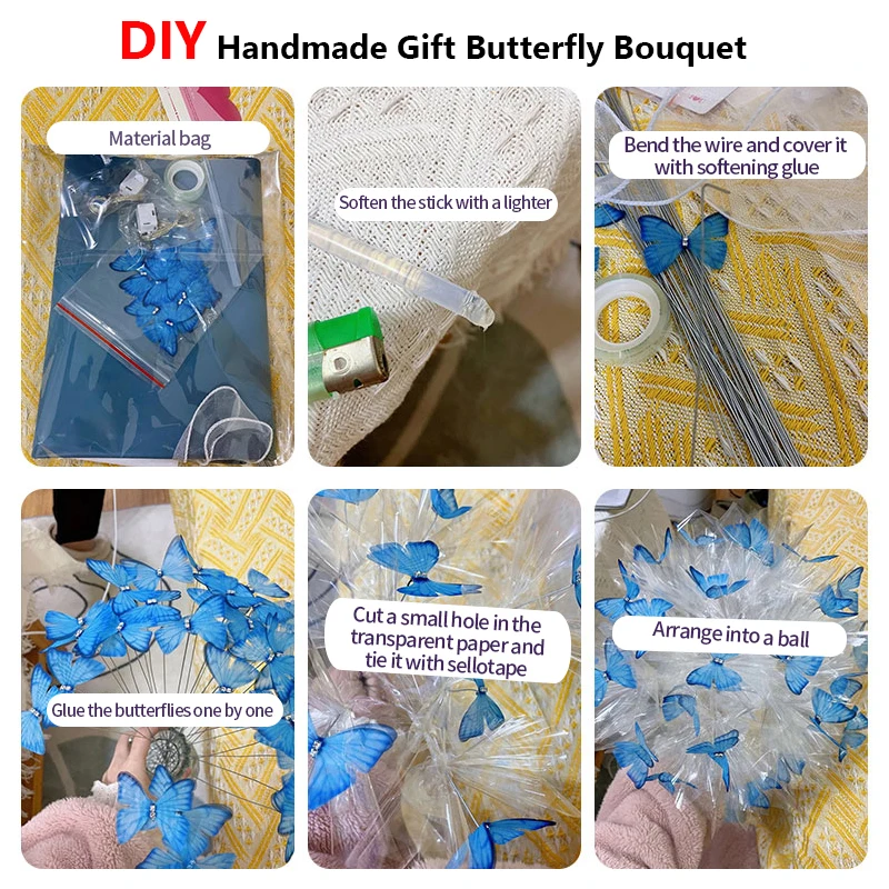 A captivating collage demonstrates the process of creating a DIY butterfly bouquet using the Creative Handmade Butterfly Bouquet Material Bag. The images display the necessary materials, such as softening a stick, bending wire, and gluing blue butterflies onto wires alongside artificial flowers. These are then inserted into transparent paper and skillfully arranged in a ball shape, resulting in an exquisite piece for home decoration or romantic occasions like weddings or Valentine's Day gifts.