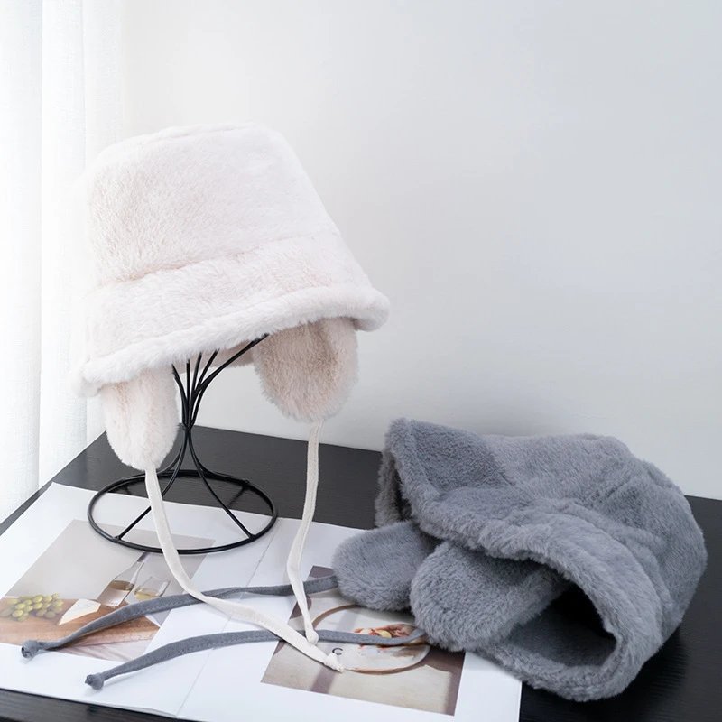 

Winter Solid Color Warm Plush Fisherman Hat Women Casual Adjustable Basin Hat Windproof Imitation Fur Ear Protection Cap Men New