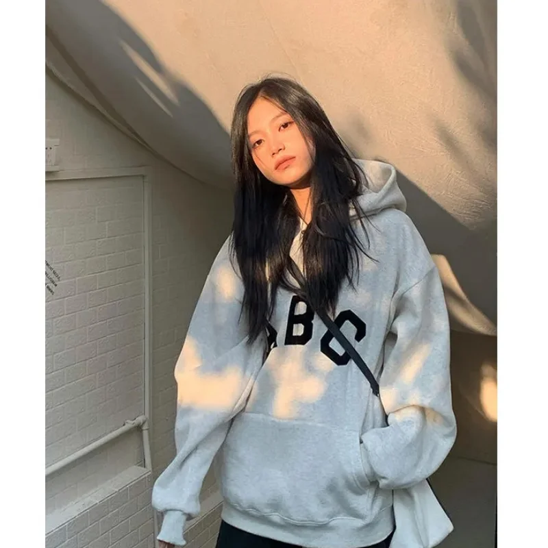 

Autumn Women' Clothing Korean Fashion Baggy Solid White Grey Pullover Sweatshirt Letter Print Raglan Sleeves Long Sleeves Hoodie