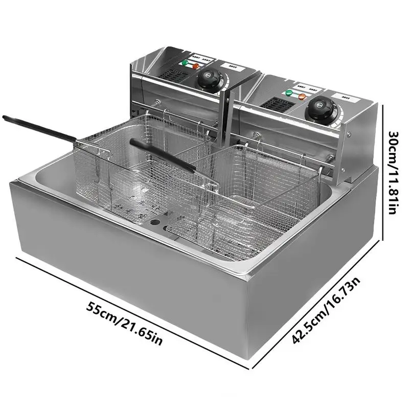 Deep Fryer Pot Electric 110V Commercial Double Stainless Steel Chicken Wings Fryers with Baskets and Temperature Control Kitchen