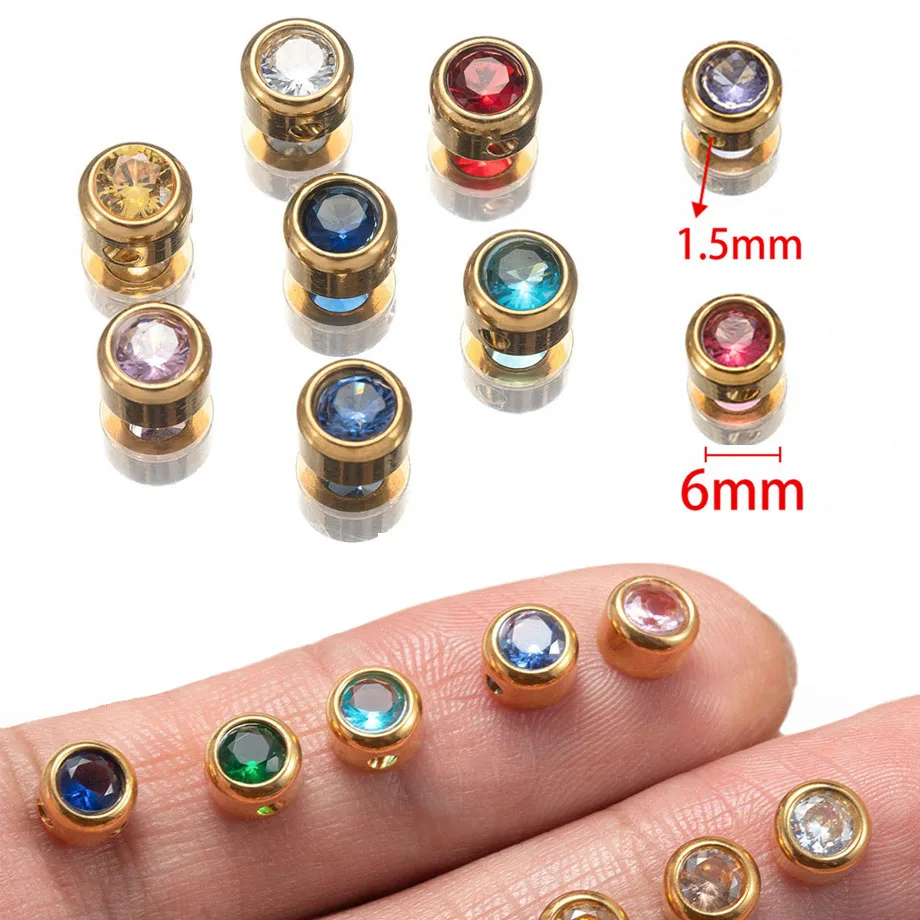 

10pcs 6mm Stainless Steel 12 Color Birthstones Beads with Hole Zircon Pendants for Necklace Bracelet Making DIY Jewelry Findings