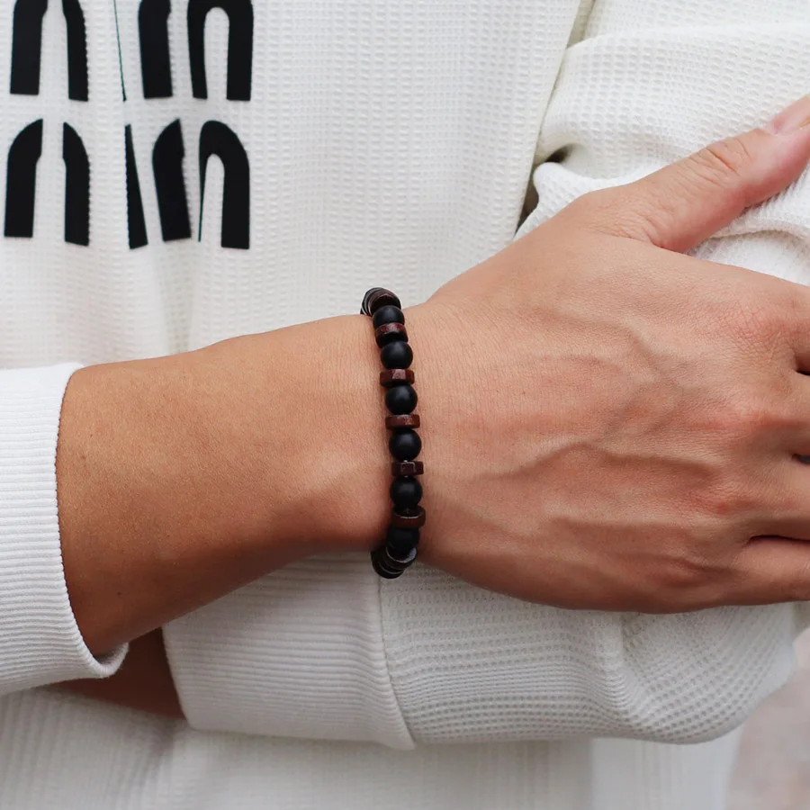 Natural Wooden Tiger Eyes Lava Beaded Men Bracelet