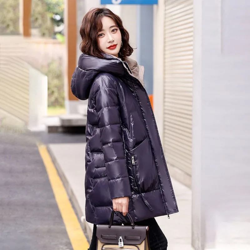 2023 New Women Down Jacket Winter Coat Female Mid Length Version Parkas Loose Thick Warm Outwear Hooded Simplicity Overcoat