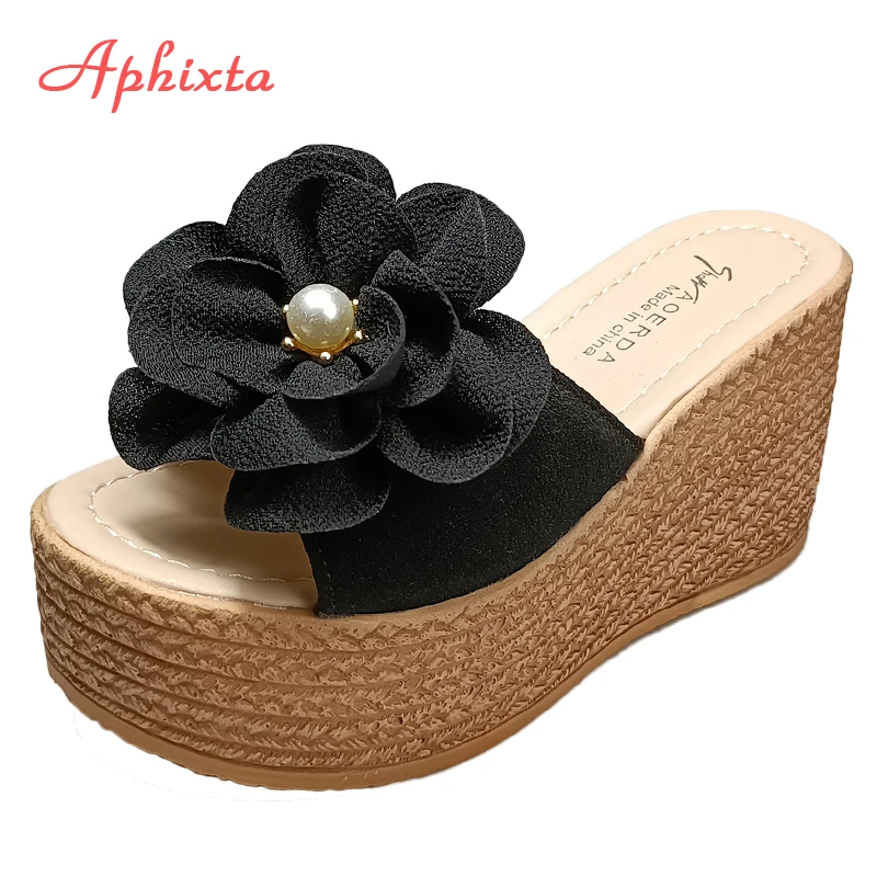 Aphixta 9cm/3.54 Inch Wedge Heel Luxury Pearl Appliques Flower Shoes Woman Slippers Flip Flops Platform Woman Slides Big Size 42