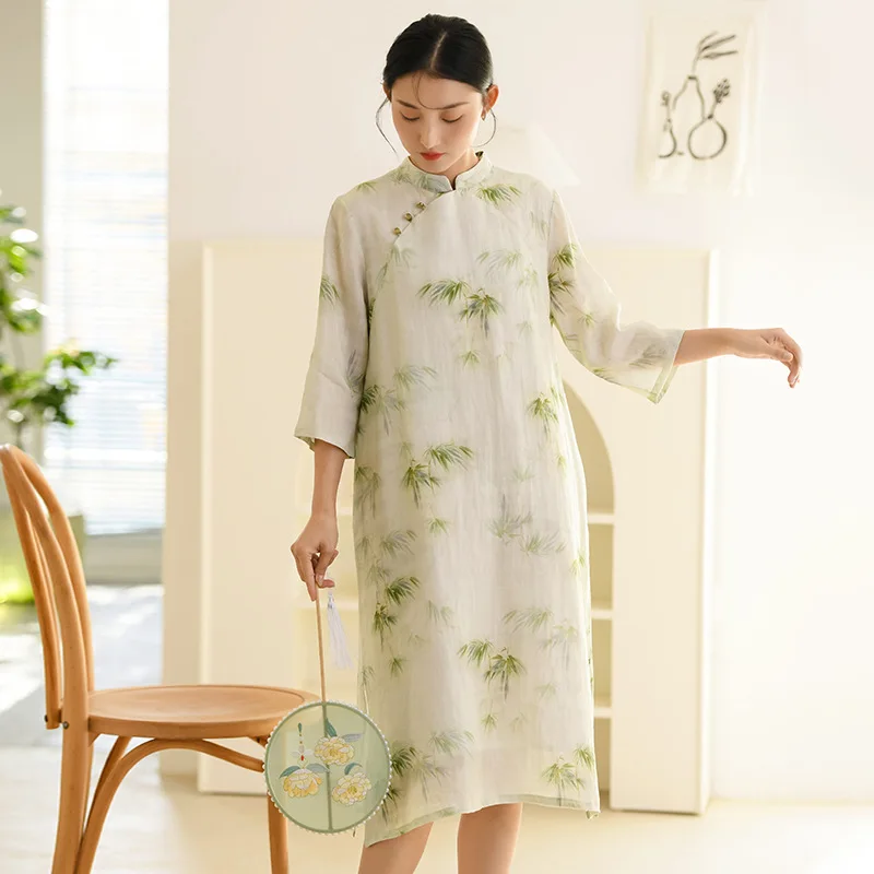 

Chinese Cotton and Hemp Women's Spring and Summer New Improved Cheongsam Skirt Retro Literary Style Ramie Dress Dress for Women