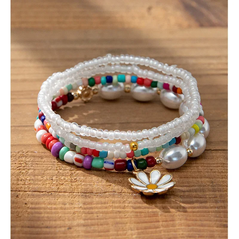 

Rice bead bracelet Pearl Crystal Multilayer Sea shell Hand knitting Bohemia Adjustable Fashion Simple Beaded bracelet set