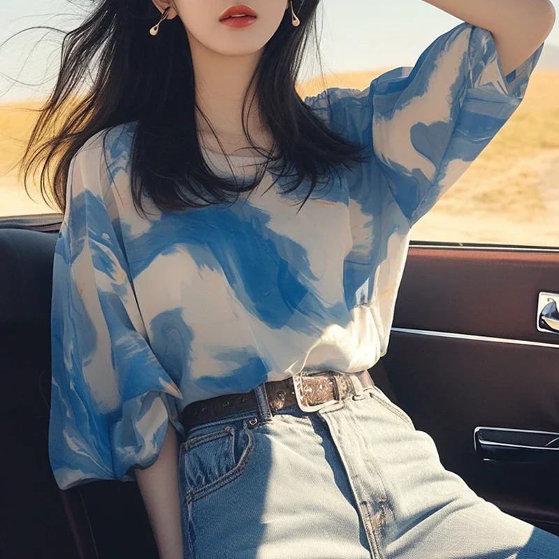 Chiffon Women's Shirt Summer Prints Vintage Blouses Loose Short Sleeve Women Tops O-neck Fashion Clothing 2024 Korean