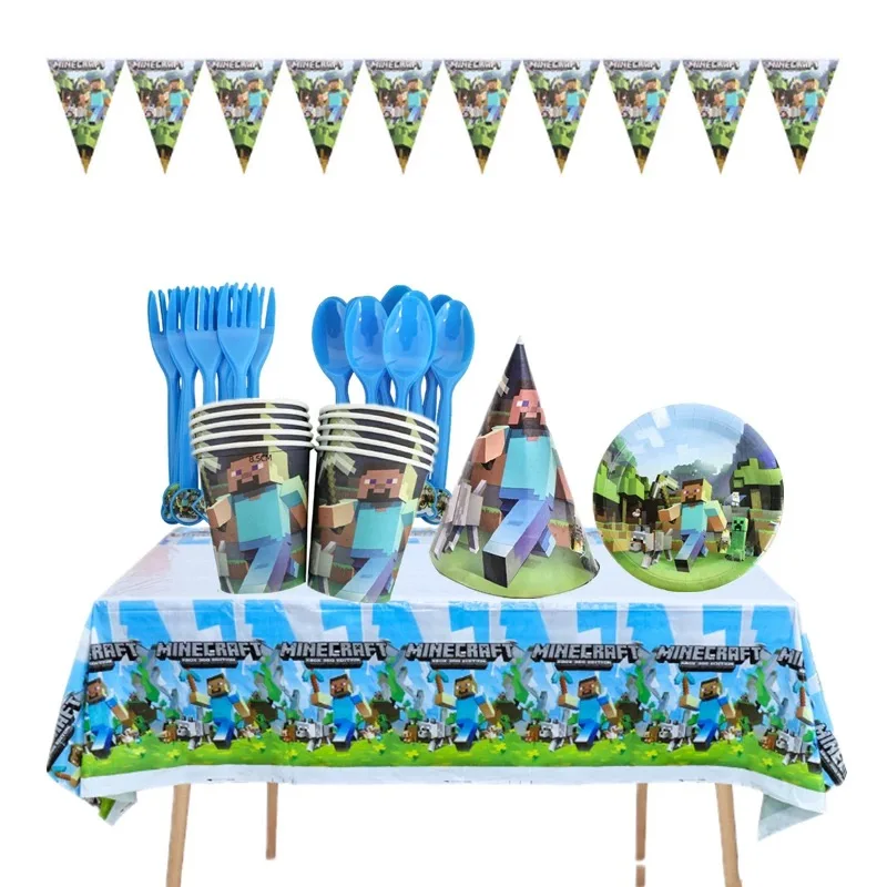 Minecraft Boy Theme Birthday Family Party Dinner Plate Pixel Cup Tablecloth Knife Fork Spoon Steve Kids Tableware Items
