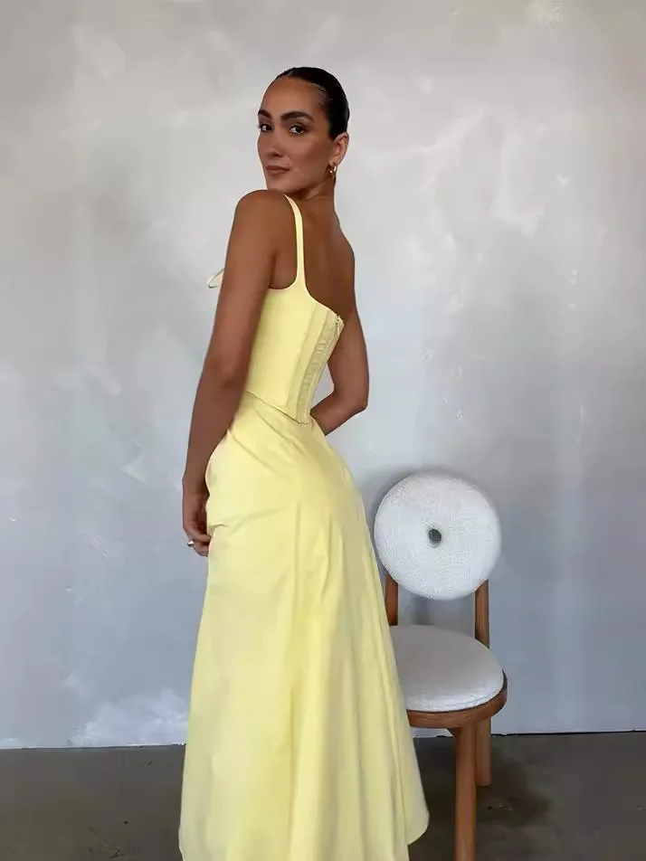 Boho Inspired yellow cotton midi dress women corset sexy summer