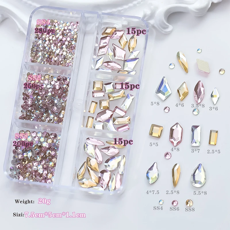 크리스탈 네일 아트 라인석, 골드 실버 클리어, 플랫 하단, 혼합 모양, 반짝이 네일 보석, DIY 네일 아트 3D 장식, 1 박스