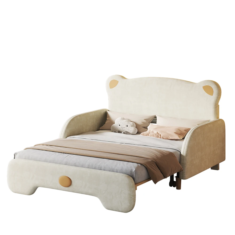 Beige Samt-Bett in Bärenform 140x105&140x200cm Gepolstertes Kinderbett Ausziehbares Tagesbett mit Weichen Schutzkanten – Detail 10