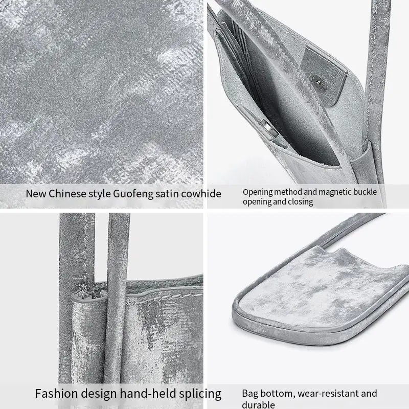 New Retro Small Shoulder Bag Advanced Sense New Chinese Satin Cowhide Mini Handbag Vertical Underarm Bag bolsas para mujeres