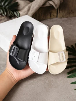 Women's New Summer Style Classic Simple Solid Color Casual Eva One-Piece Buckle Flat Slip-On Beach Hollow Breathable Slippers Suitable for Outdoor and Home Use, Comfortable and Lightweight, Large Size 1
