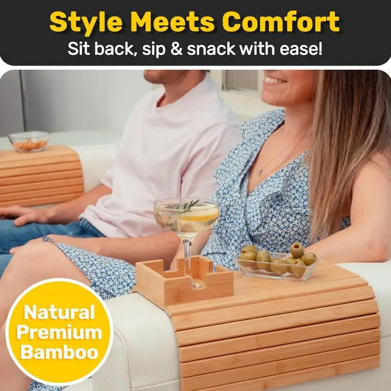 Couch Cup Holder Bamboo Wood Sofa Armrest Tray Foldable Sofa Cup Holder Anti-Slip Couch Arm Cup Holder Sofa Side Storage Tray 5