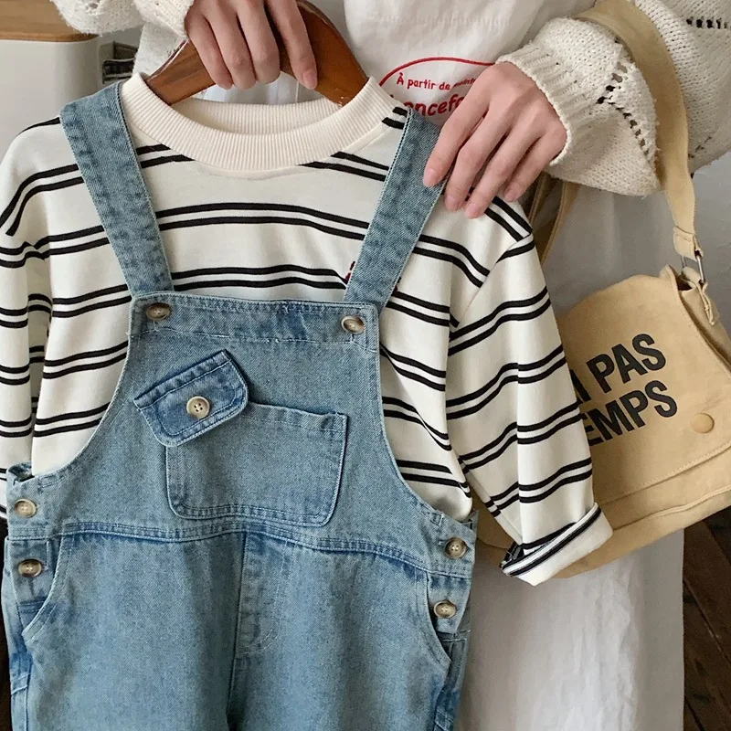 Overalls Children's Denim Strap Pants Spring Autumn Korean Girls' Casual Loose Suspender Trousers Boys' Pocket Jumpsuit