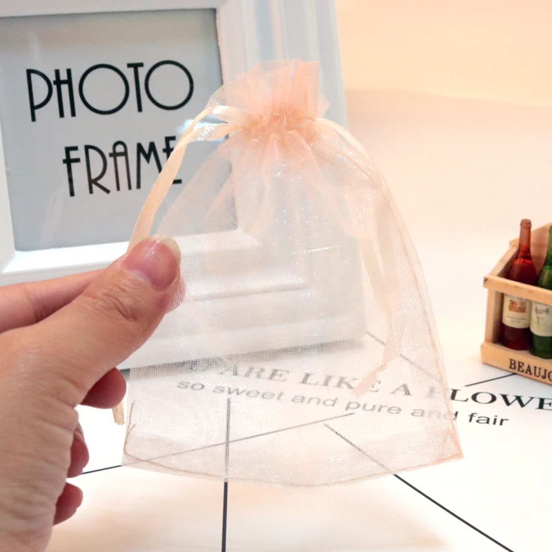 Wholesale 100Pcs/Lot Champagne Organza Bags 11x16cm Small Drawstring Gift Bag Wedding Boutique Jewelry Packaging Bags Pouches