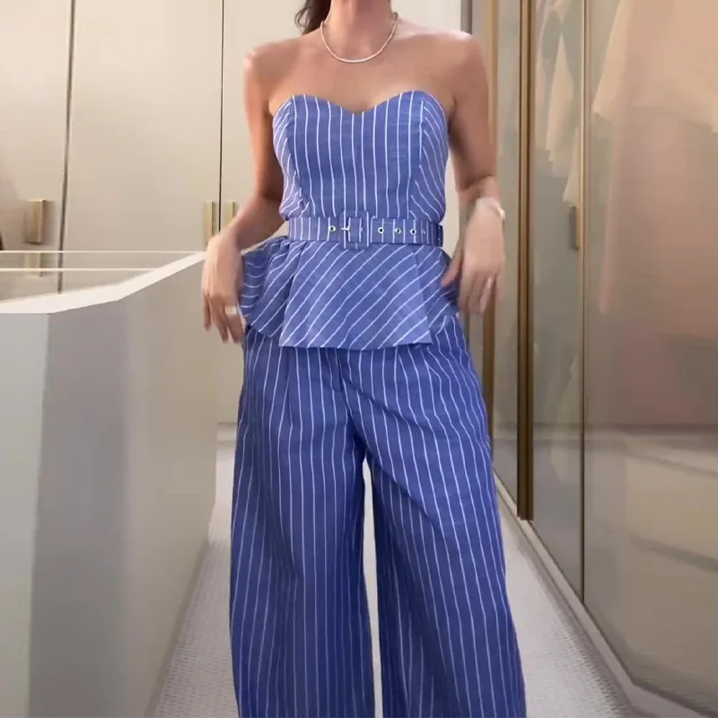 Sleeveless Belt Tank Top Stripe High Waist Wide Leg Pant Sets 2Pc Slim V-neck Vest And Loose Trouser Fashion Office Lady Outfits