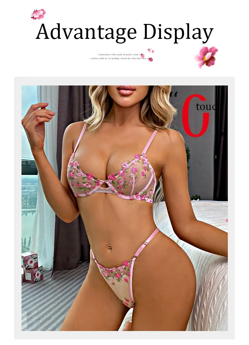 Ensemble sous-vêtements, 2 pièces soutien-gorge et culotte en dentelle femmes broderie florale rose transparent