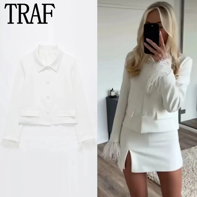 

TRAF Feather Cropped Blazer Women's Blazers Spring Summer 2024 White Long Sleeve Lapel Collar Blazer New In Coats Elegant Blazer