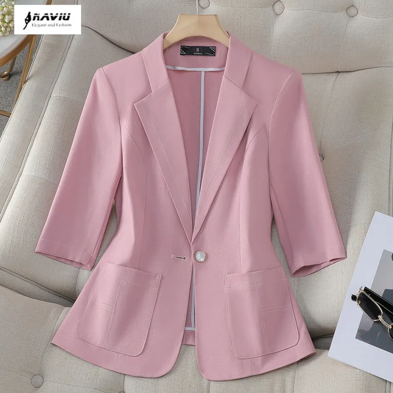 

NAVIU Fashion Womens Jacket Solid Color Pink White Apricot Loose Oversize Coat New Spring Summer Jacket OL Ladies Blazer
