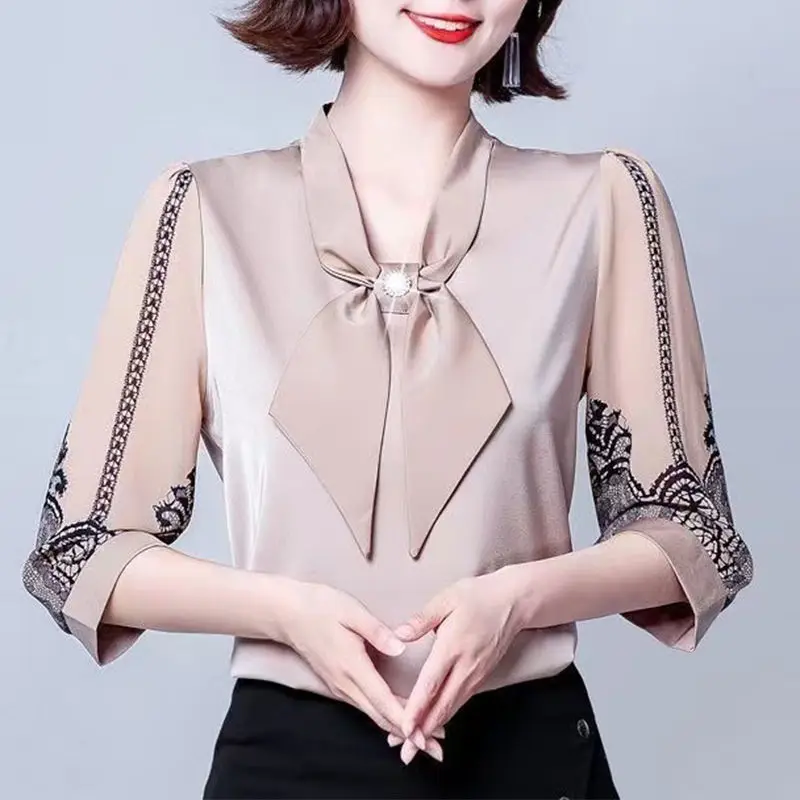

Vintage Lace Chiffon 3/4 Sleeve Shirt Spring Autumn Scarf Collar Drawstring Elegant Pearl Three-dimensional Decoration Blouse