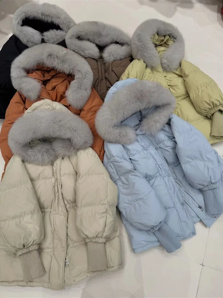 

Женская зимняя куртка-пуховик из натурального Лисьего меха, толстая теплая пушистая парка, женское водонепроницаемое пальто с капюшоном на белом утином пуху