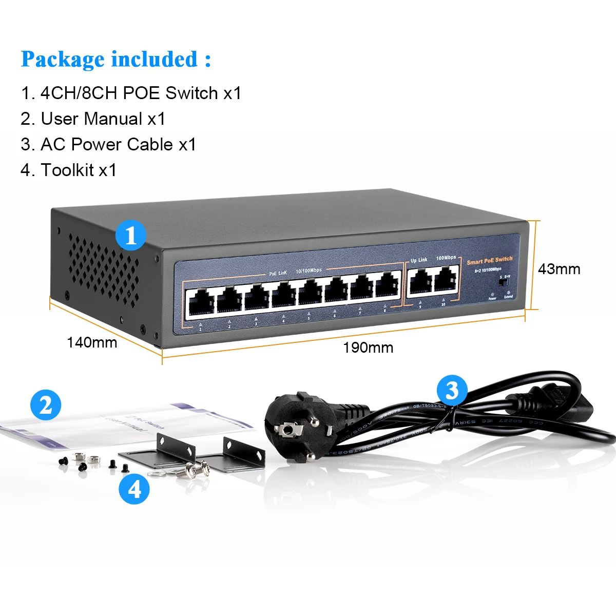 Techage 4CH 8CH 52V Network POE Switch IEEE 802.3 af/at for CCTV Video  Camera Security System –