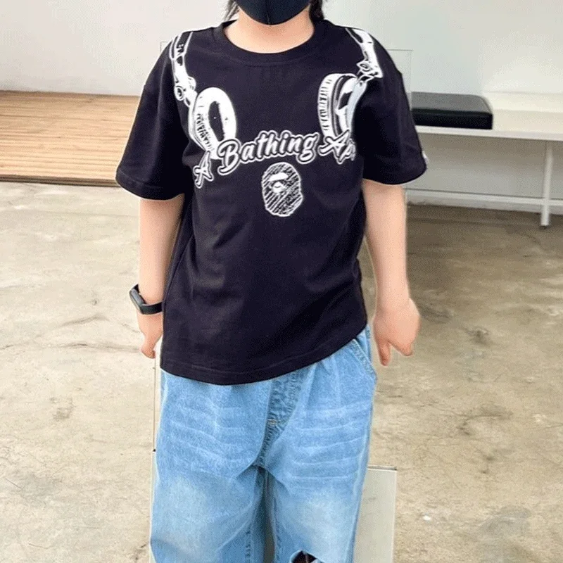 

Cotton Kids Clothing 2024 Summer New Cartoon Pattern Printed Short Sleeve Round Neck Thin Loose Boys Ventilation T-shirt Top