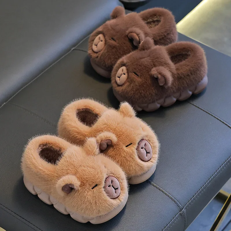 Capybara Winter Cotton Slippers Women New Fluffy Furry Cartoon House Slippers Woman Non Slip Soft Sole Plush Slides Size 32-45