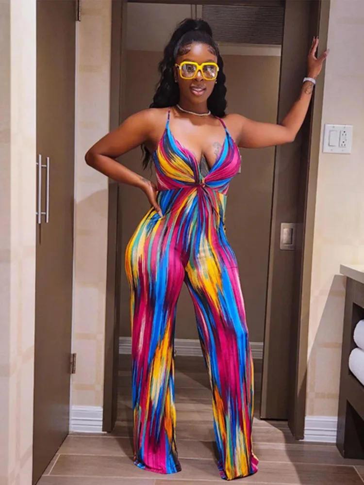 

Szkzk Multicolor Prints Spaghetti Straps Jumpsuit Deep V-Neck Women Summer Sexy Night Clubwear Party Backless One Piece Set