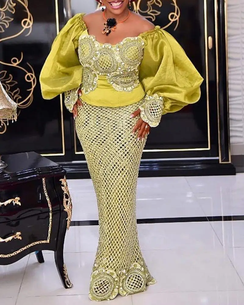 

Fashion Style African Women Puff Sleeve Polyester Slash Neck Lace Two Pieces Sets Top and Long Skirt Dashiki African Clothes