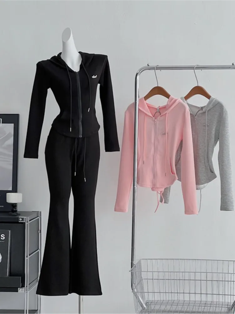 Y2K High Street Two Piece Set Tracksuit Women Hooded Zipper Jacket + Drawstring Wide Leg Pants Korean Fashion Solid Slim Outfits 3