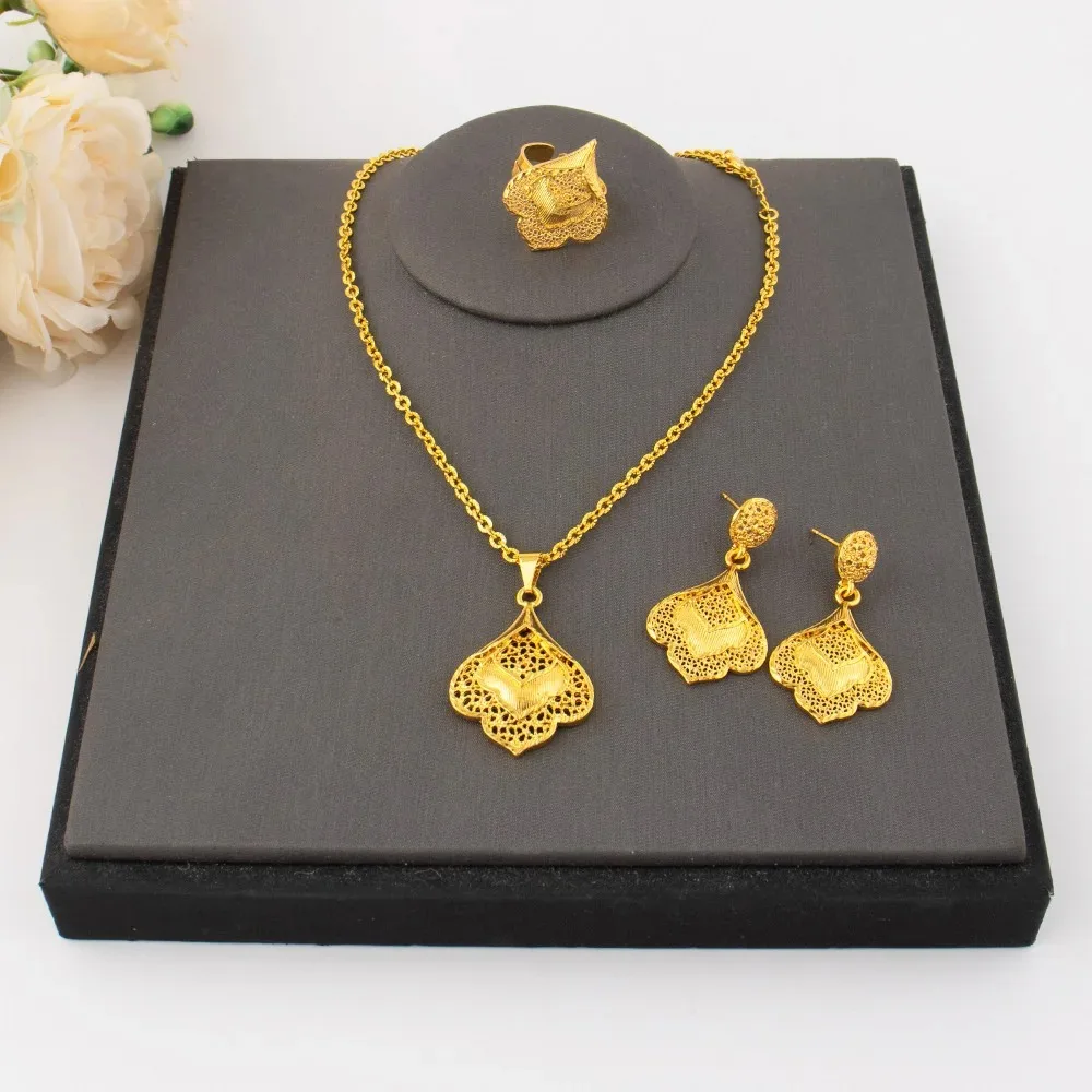 Dubai 24k Gold Plated Jewelry Sets for Women Indian Bridal Costume Necklace Earrings Sets Nigerian Wedding Party Gifts