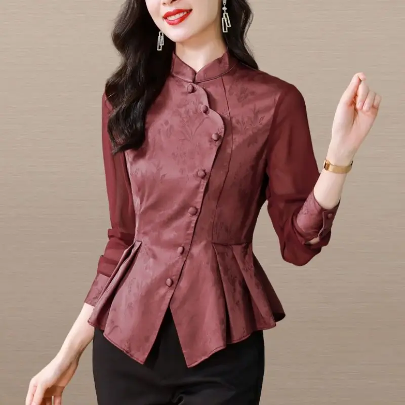 1pcs Women's Blouses Tops 2024 Spring New Fashion Real Silk Satin Fabric Splicing Long Sleeve Primer Ladies Skinny Retro Shirts fajarina top quality unique retro styles pin belts jeans mens pure green real geunine leather belt for men 3 8cm width n17fj288